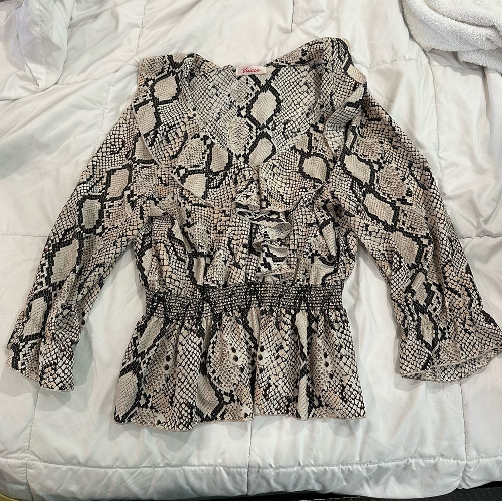 Beige Snake Print Lace-Up Blouse